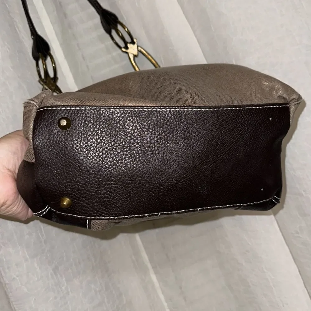 Braciano Metallic Canvas Tan Brown Leather Combo Hobo Shoulder Bag Purse